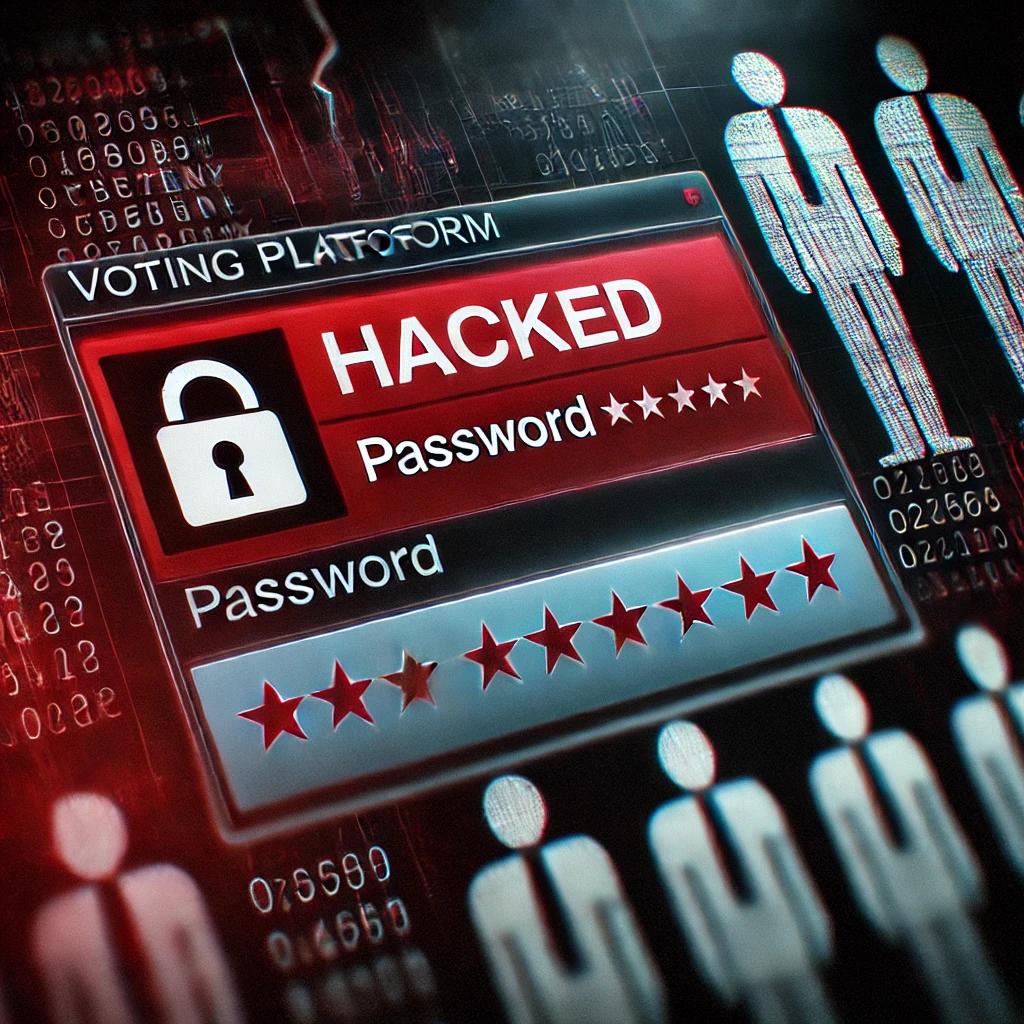 A digital screen showing a warning about cyberattacks on a voting system.